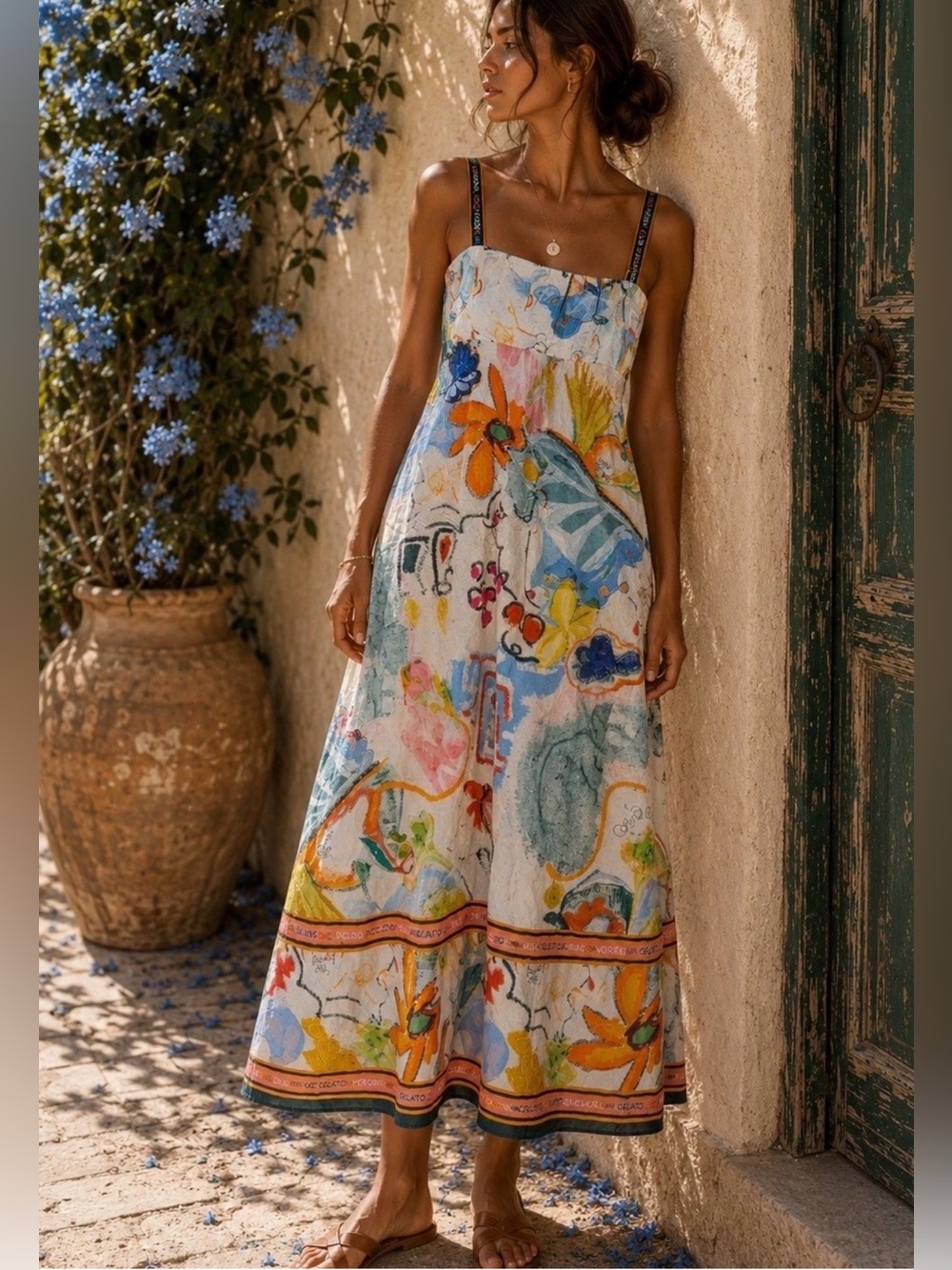 NWT Caroline Constas Multicolor Floral Art Abstract Smocked Maxi Dress Medium
